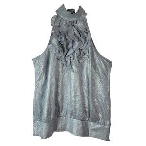 Ashley Stewart Metallic Sleeveless Halter Top Silver 18W Ruffle Smocked Button